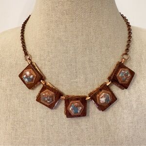 Vintage MCM copper square link necklace confetti lucite faux turquoise wood